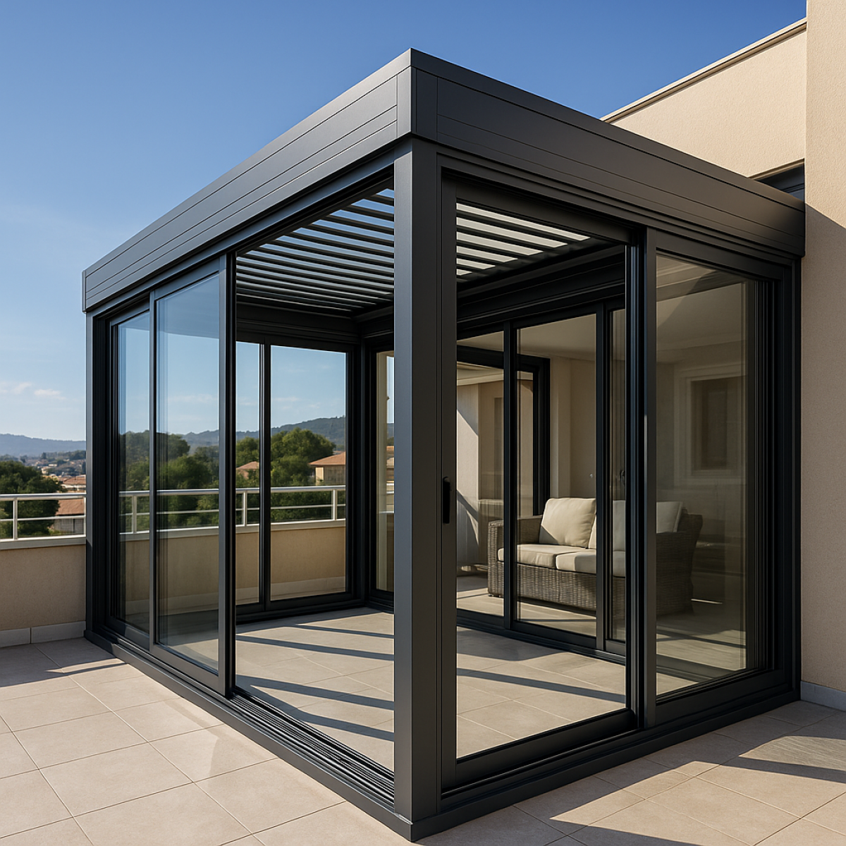 Installation d'une véranda double avec des fenêtres coulissantes au dernier étage d'un immeuble près de Hyères-les-Palmiers