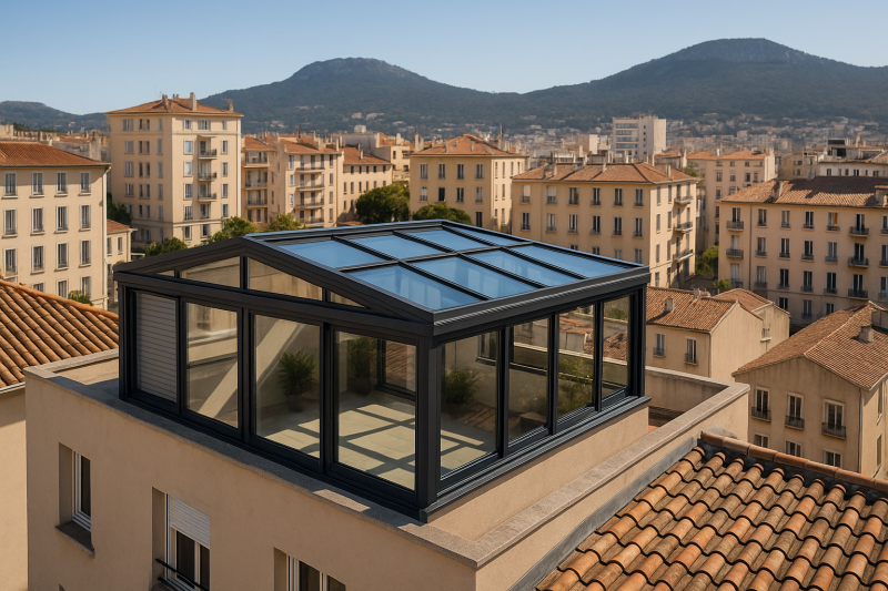 Pose d'une véranda sur mesure sur le toit d'une immeuble à Toulon dans le 83